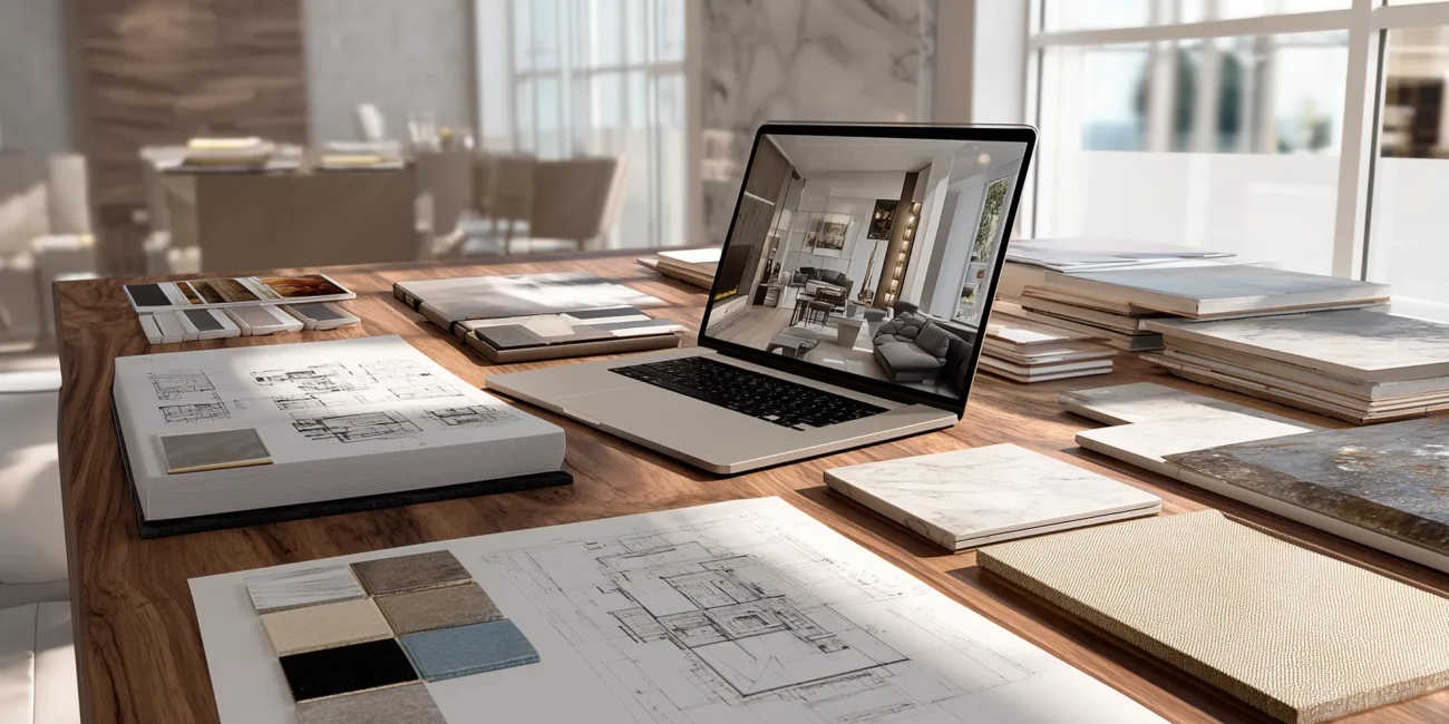 Elegant interior design workspace featuring a laptop displaying a 3D rendering, architectural floor plans, fabric swatches, and stone material samples on a wooden desk.