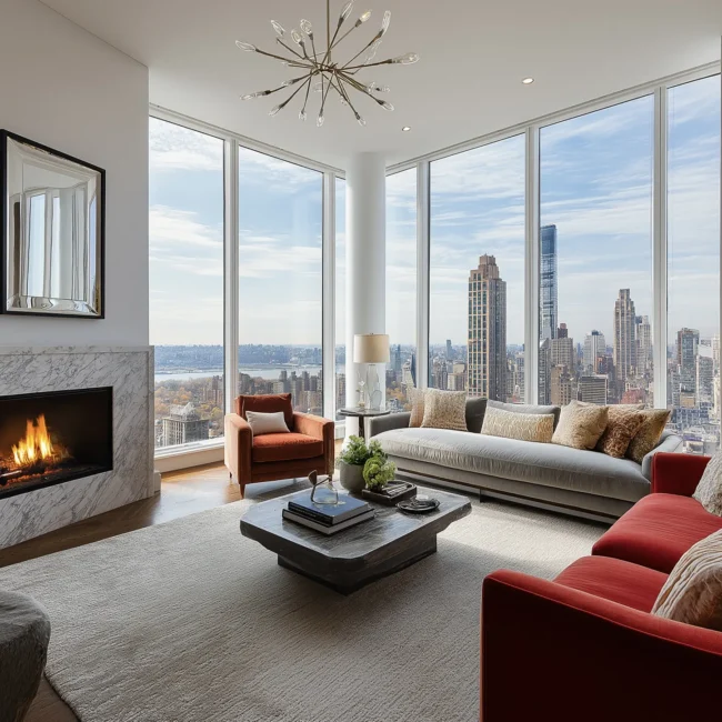 A luxurious contemporary living room featuring floor-to-ceiling windows with a Manhattan skyline view, a marble fireplace, and plush red and grey sofas