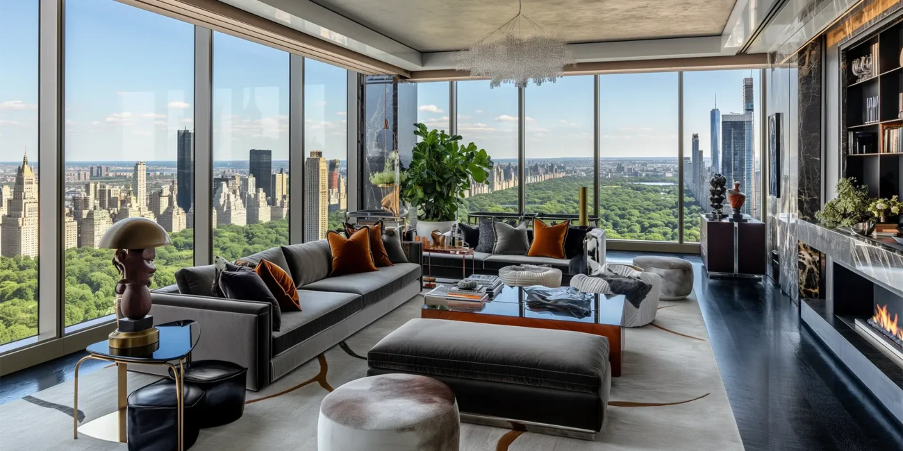 A grand contemporary living room with a crystal chandelier, a black marble fireplace, and a wide panoramic view of Central Park and the city skyline.