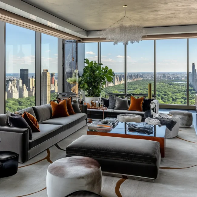 A grand contemporary living room with a crystal chandelier, a black marble fireplace, and a wide panoramic view of Central Park and the city skyline.