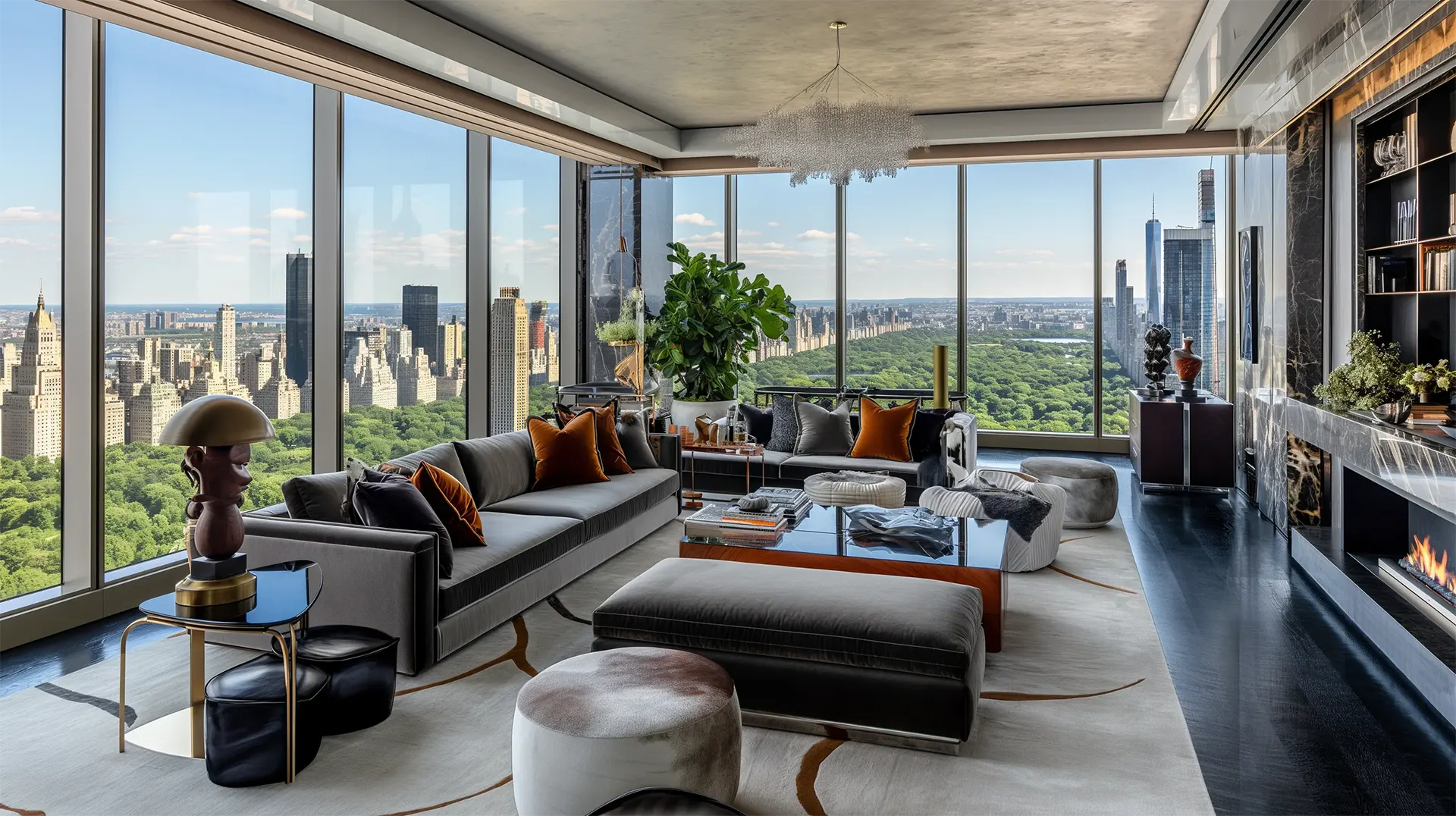 A grand contemporary living room with a crystal chandelier, a black marble fireplace, and a wide panoramic view of Central Park and the city skyline.