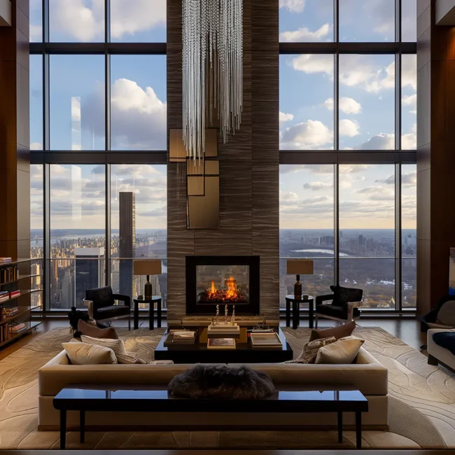 A high-end modern living room with double-height floor-to-ceiling windows, a grand crystal chandelier, a central fireplace, and a panoramic view of the Manhattan skyline and Central Park.