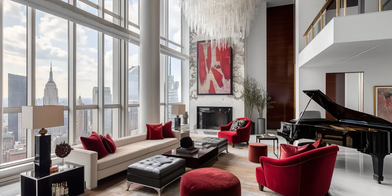 Luxury penthouse living room featuring Modern Art Deco decor, vibrant red accents, a grand piano, and floor-to-ceiling windows overlooking the New York City skyline.