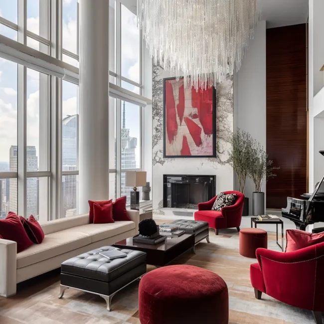 Luxury penthouse living room featuring Modern Art Deco decor, vibrant red accents, a grand piano, and floor-to-ceiling windows overlooking the New York City skyline.