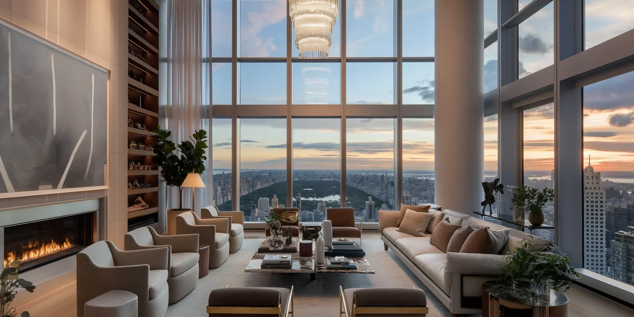 Luxury penthouse living room featuring panoramic Central Park views, a fireplace, and a tiered crystal chandelier.