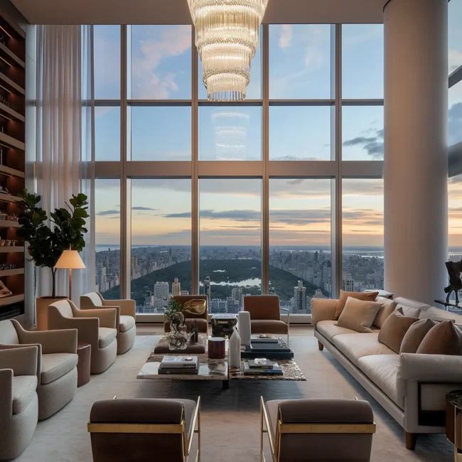 Luxury penthouse living room featuring panoramic Central Park views, a fireplace, and a tiered crystal chandelier.