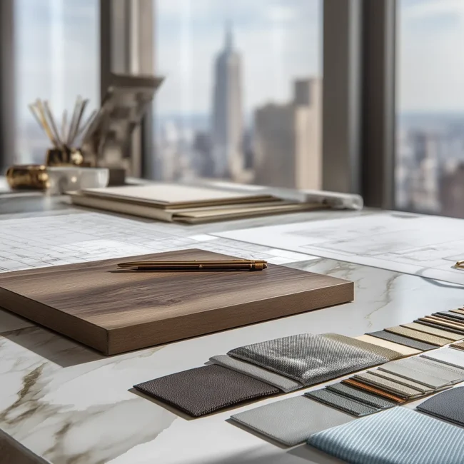 Luxury interior design studio workspace featuring a marble desk with fabric swatches, blueprints, and a gold pen against a blurred Manhattan skyline view.