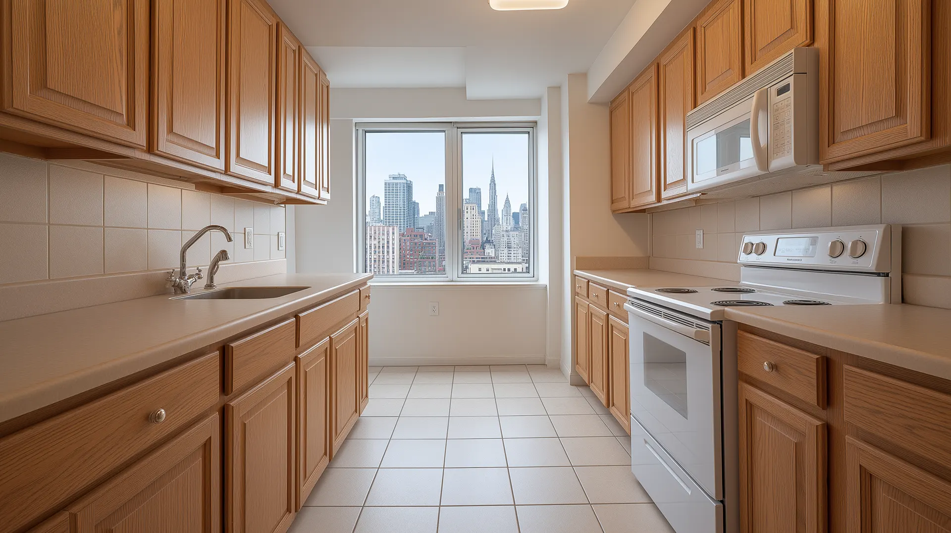 Before renovation photo of a cramped 1980s kitchen with honey oak cabinets and fluorescent lighting.