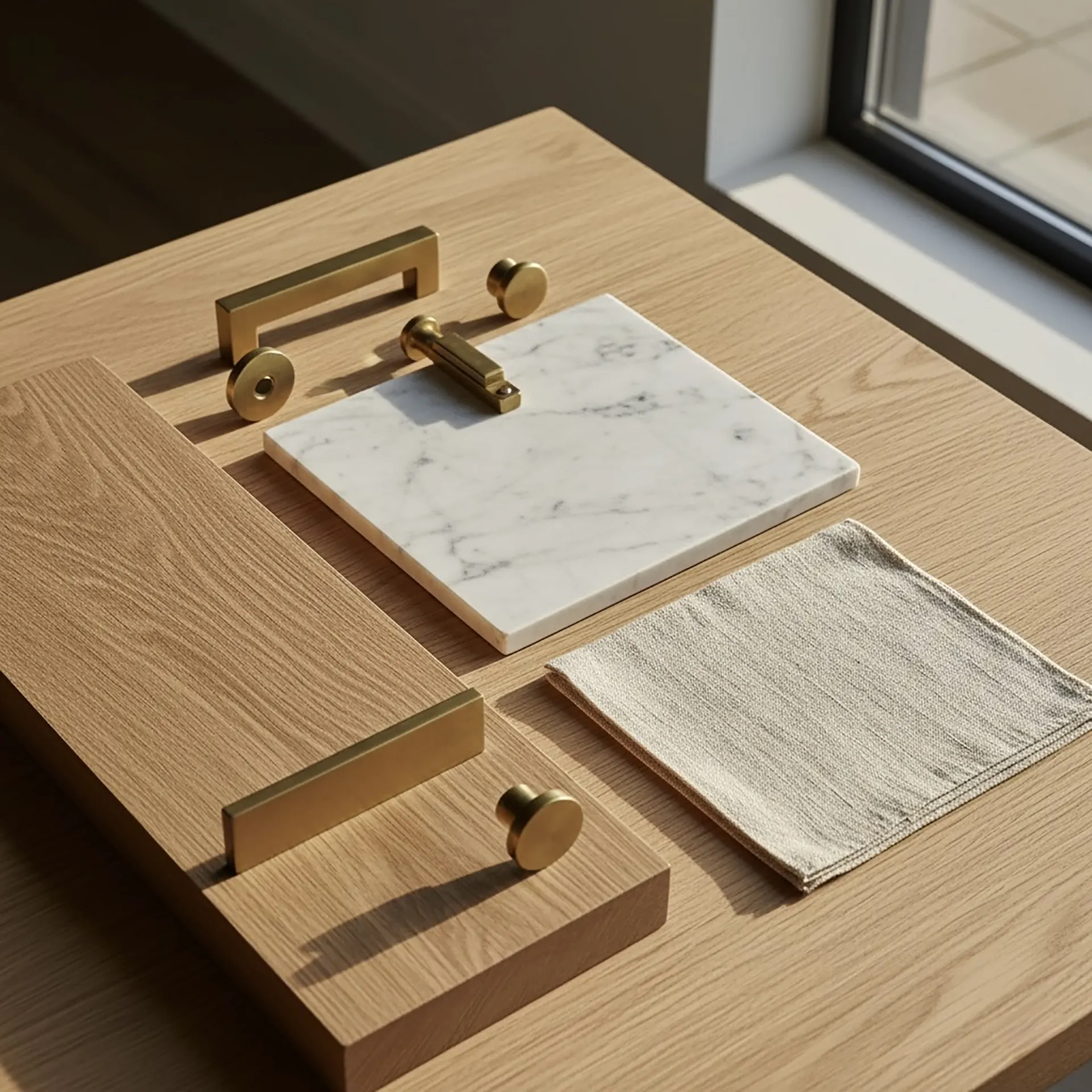 Selection of timeless natural materials for home renovation, including hardwood, stone, and classic cabinetry