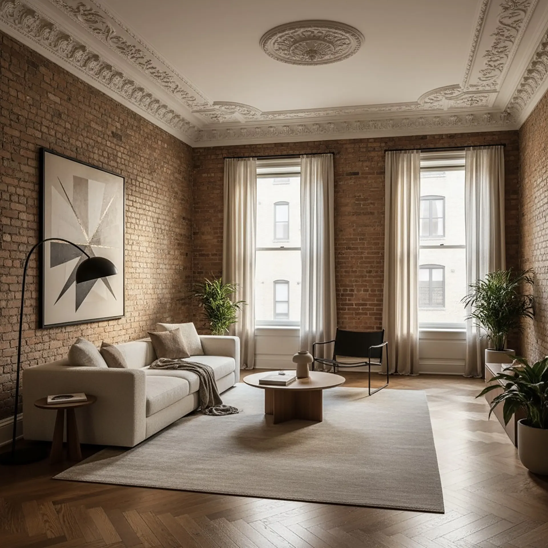 Interior view of a beautifully preserved historic home showcasing original hardwood floors, high ceilings, and intricate moldings.