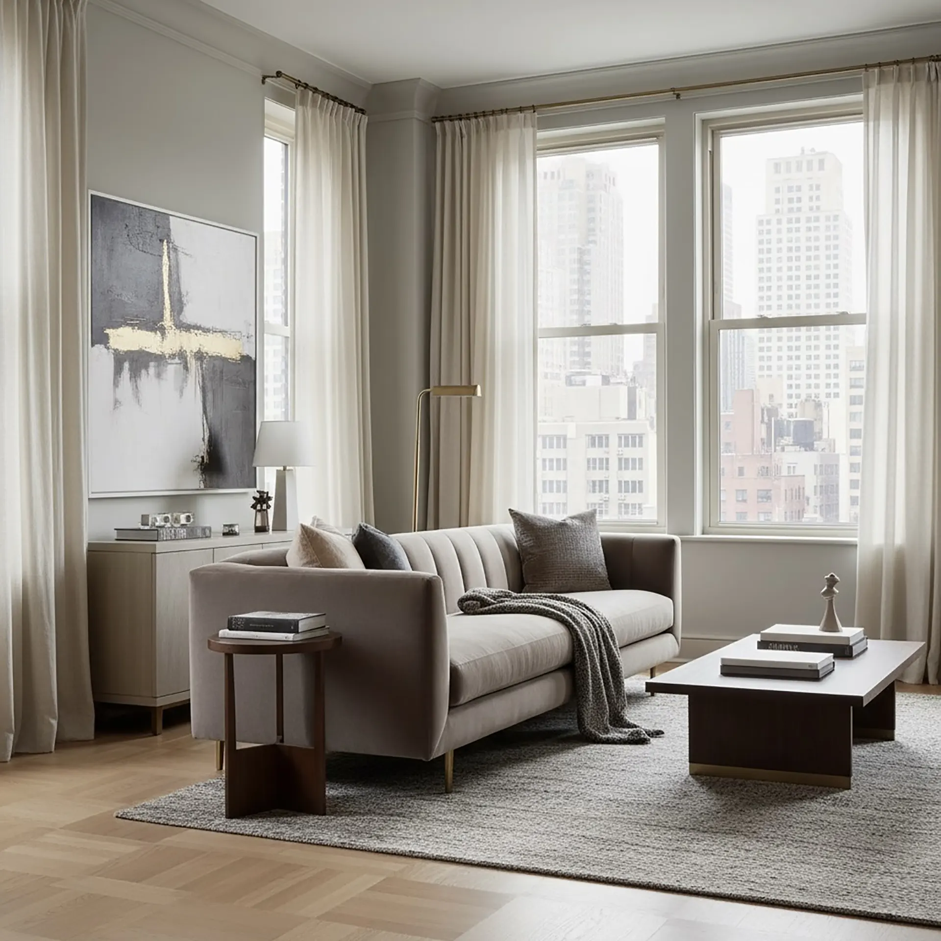 White-on-white Manhattan interior with layered textures including matte walls, silk curtains, and limestone finishes