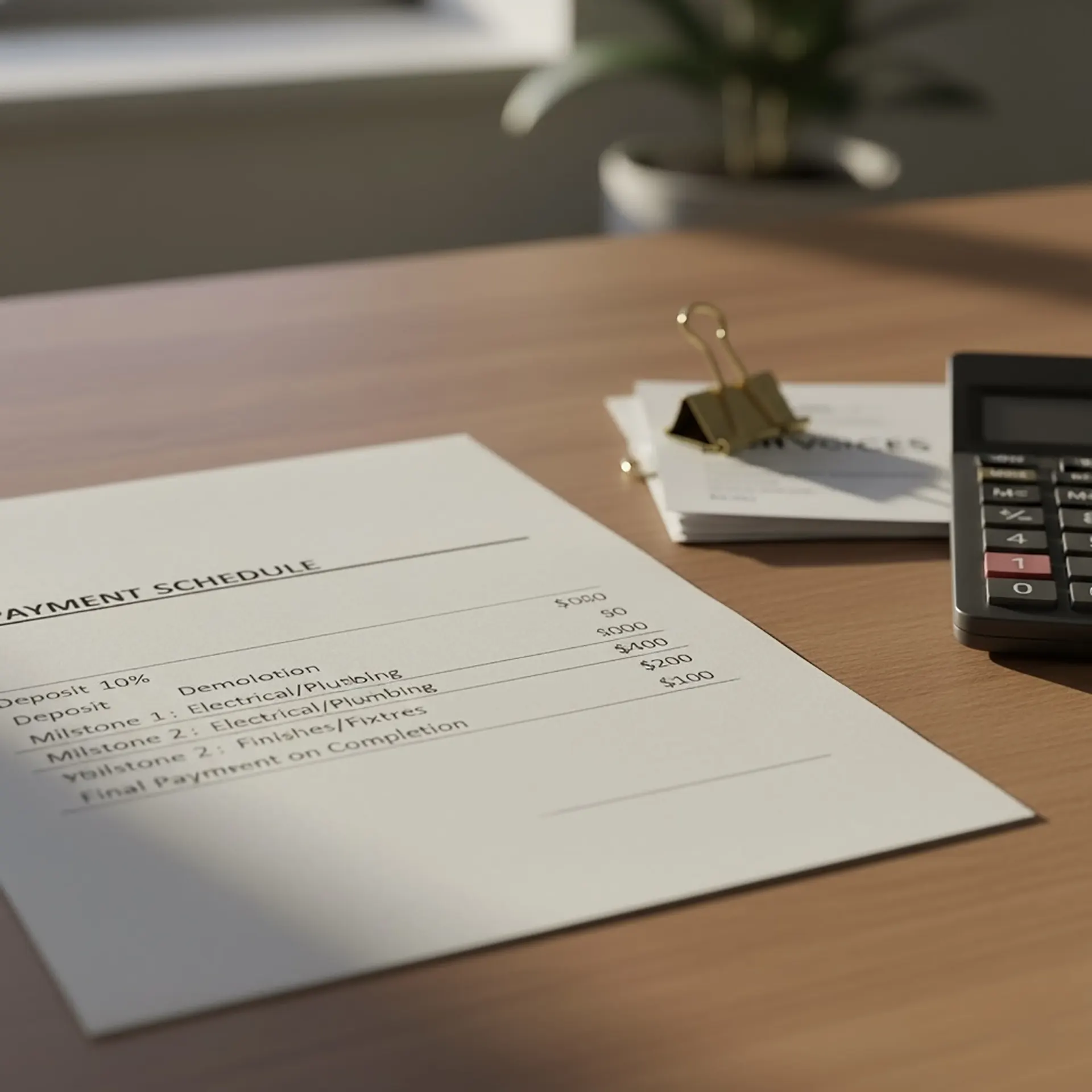 Construction payment milestone schedule showing progress-based payment structure for renovation project