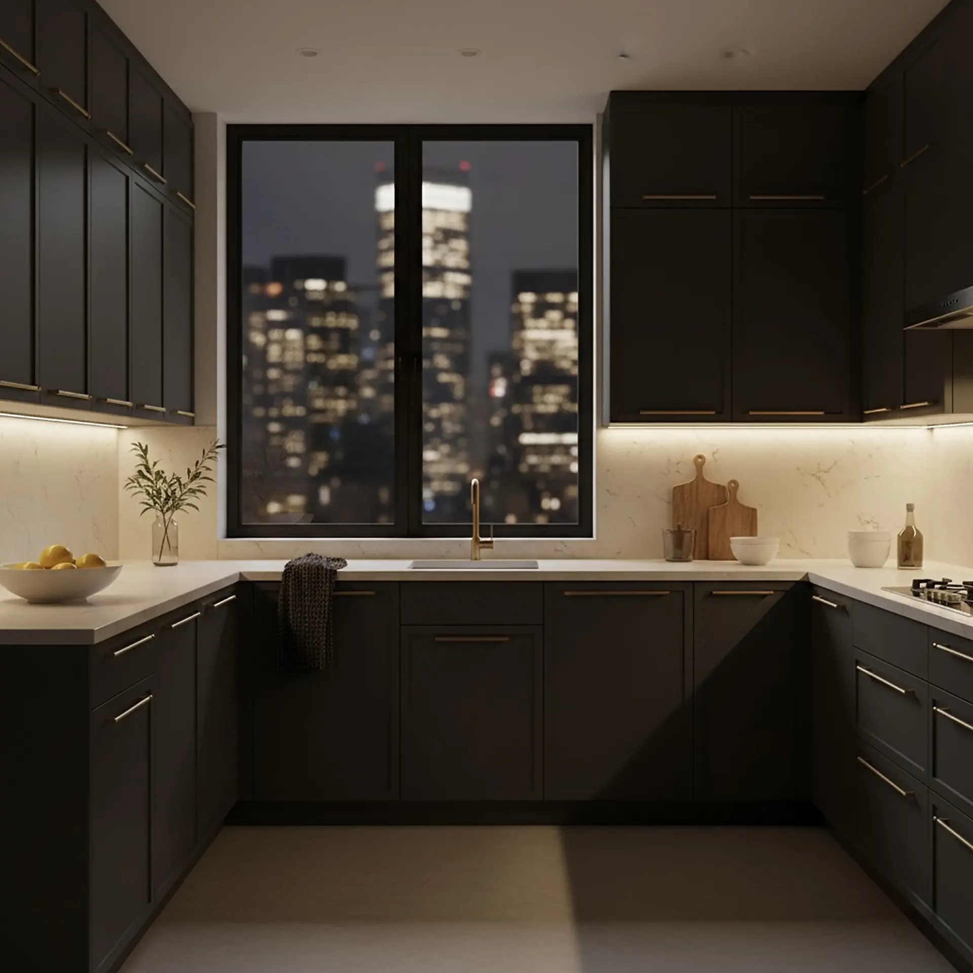 Manhattan apartment window view showing the contrast of urban textures and reflected city light.
