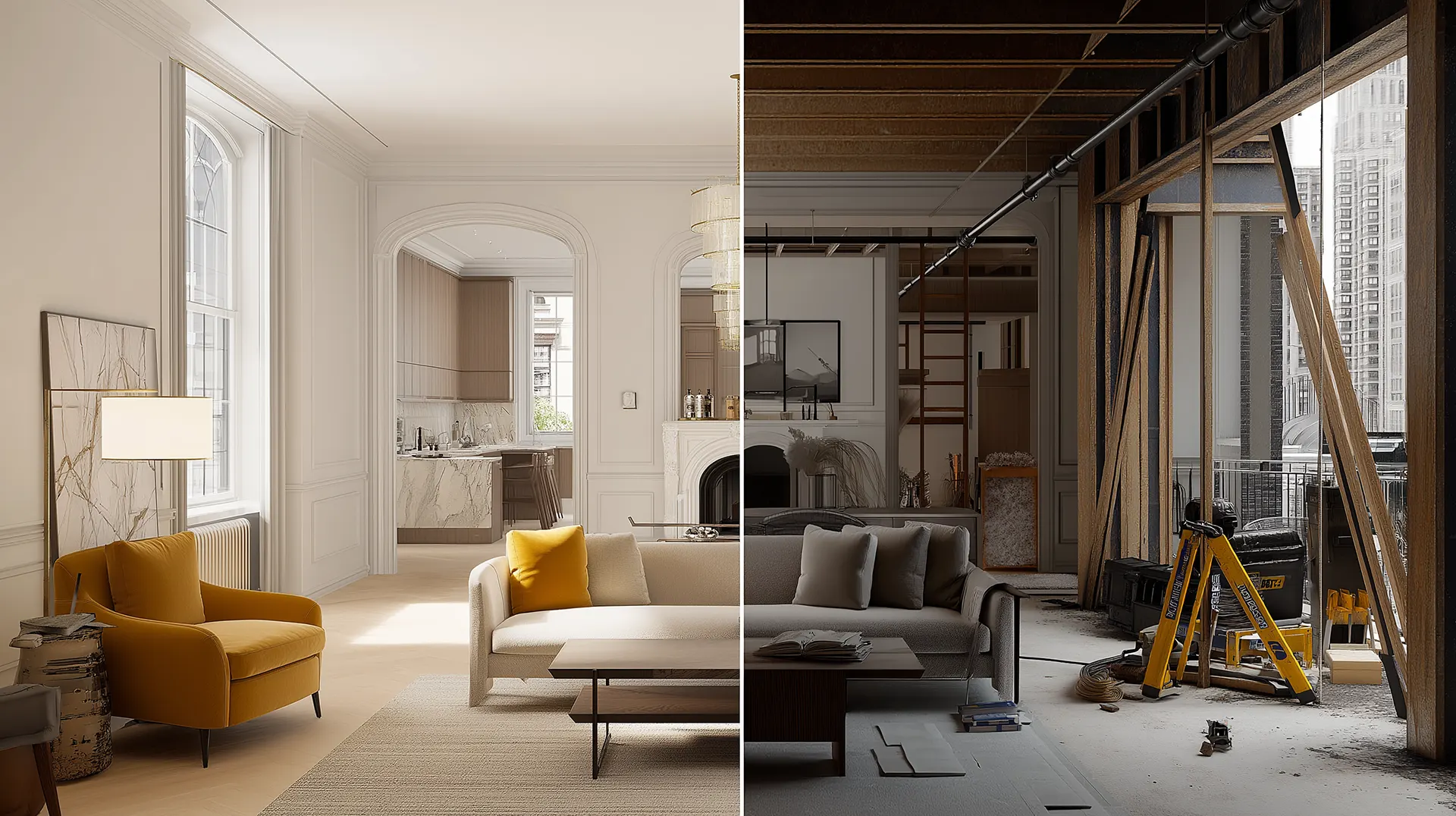Split-screen comparison showing designer's vision on left side with aesthetic focus and builder's structural perspective on right side in Manhattan apartment renovation