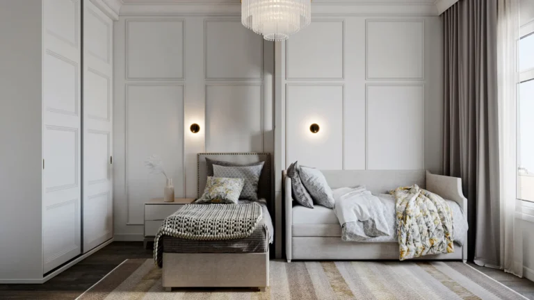A CALM AND ELEGANT BEDROOM DESIGNED FOR TWO CHILDREN