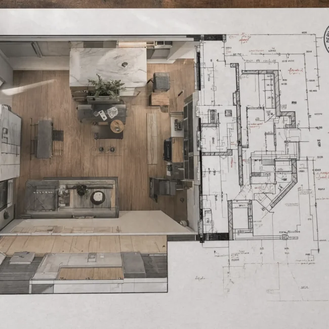 Architectural flatlay of a luxury Manhattan apartment design plan juxtaposed with official NYC building code blueprints and red-line corrections
