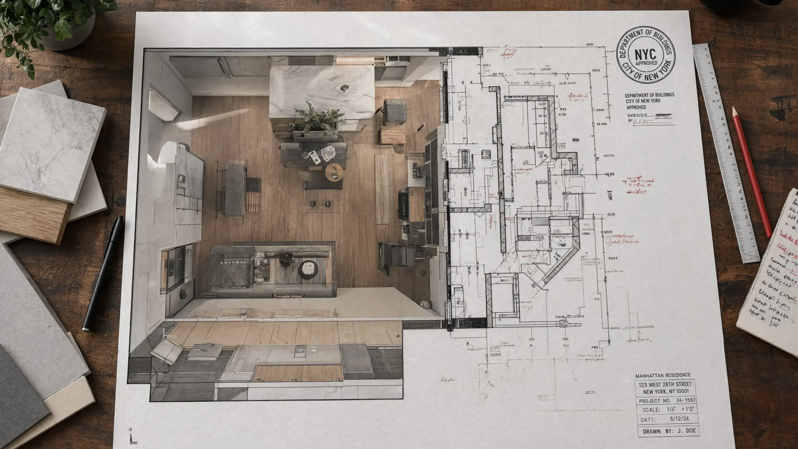 Architectural flatlay of a luxury Manhattan apartment design plan juxtaposed with official NYC building code blueprints and red-line corrections