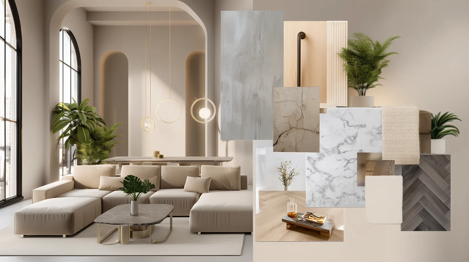 Architectural moodboard and material transitions planned for long-term durability and aesthetic coherence.