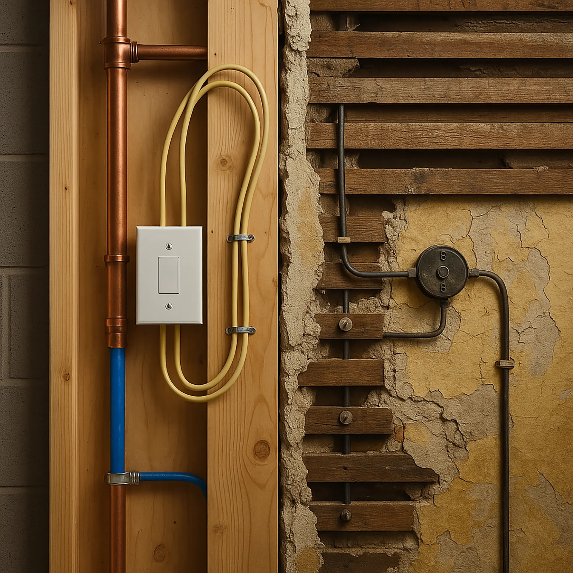 Renovation site in New York City showing structural demolition and building protection measures.