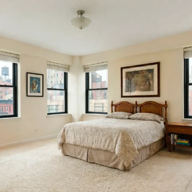 **Bright bedroom interior featuring beige carpeting, wooden furniture, and multiple windows with a city view.**