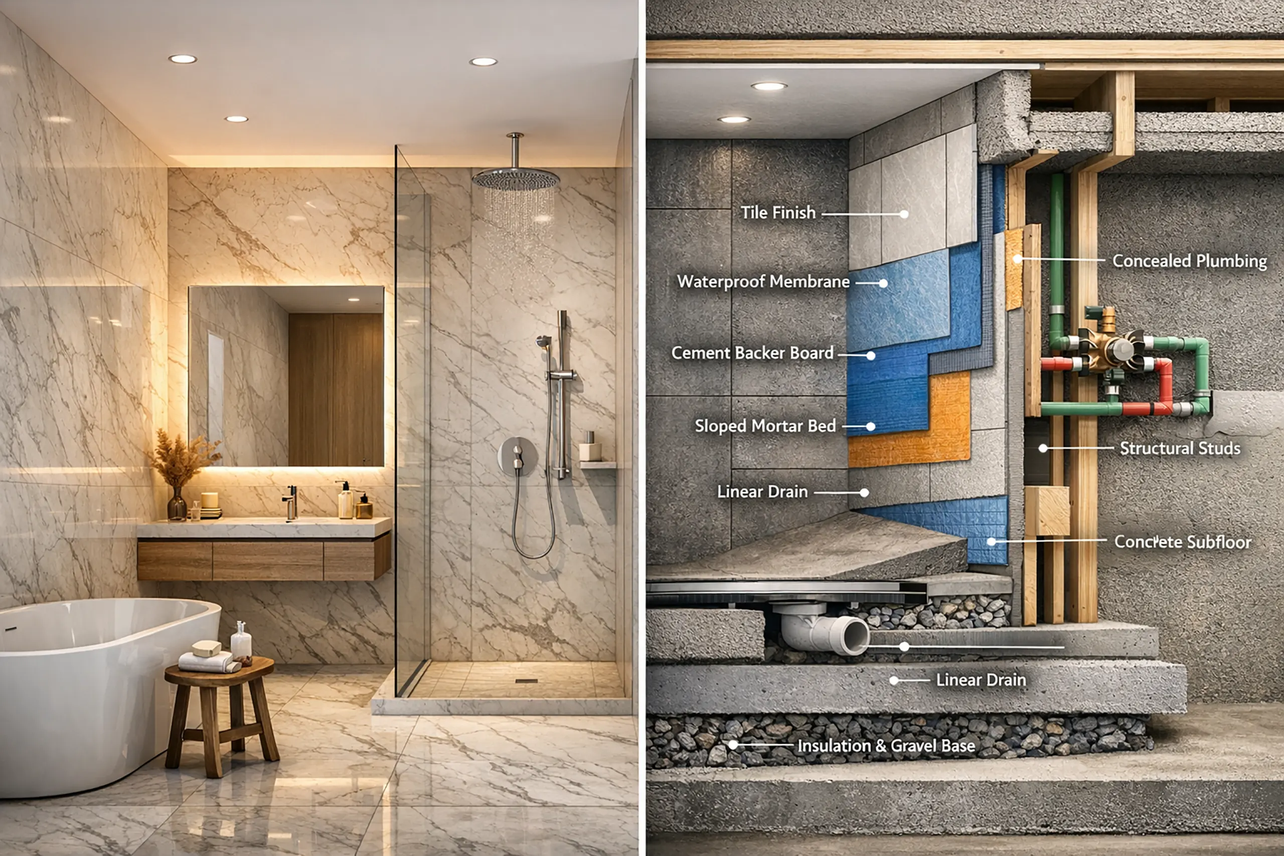 Split image featuring a modern Japandi bathroom with a freestanding tub and wooden floating vanity on the left, and an architectural cross-section detailing the construction layers, waterproofing, and concealed plumbing of a shower on the right.