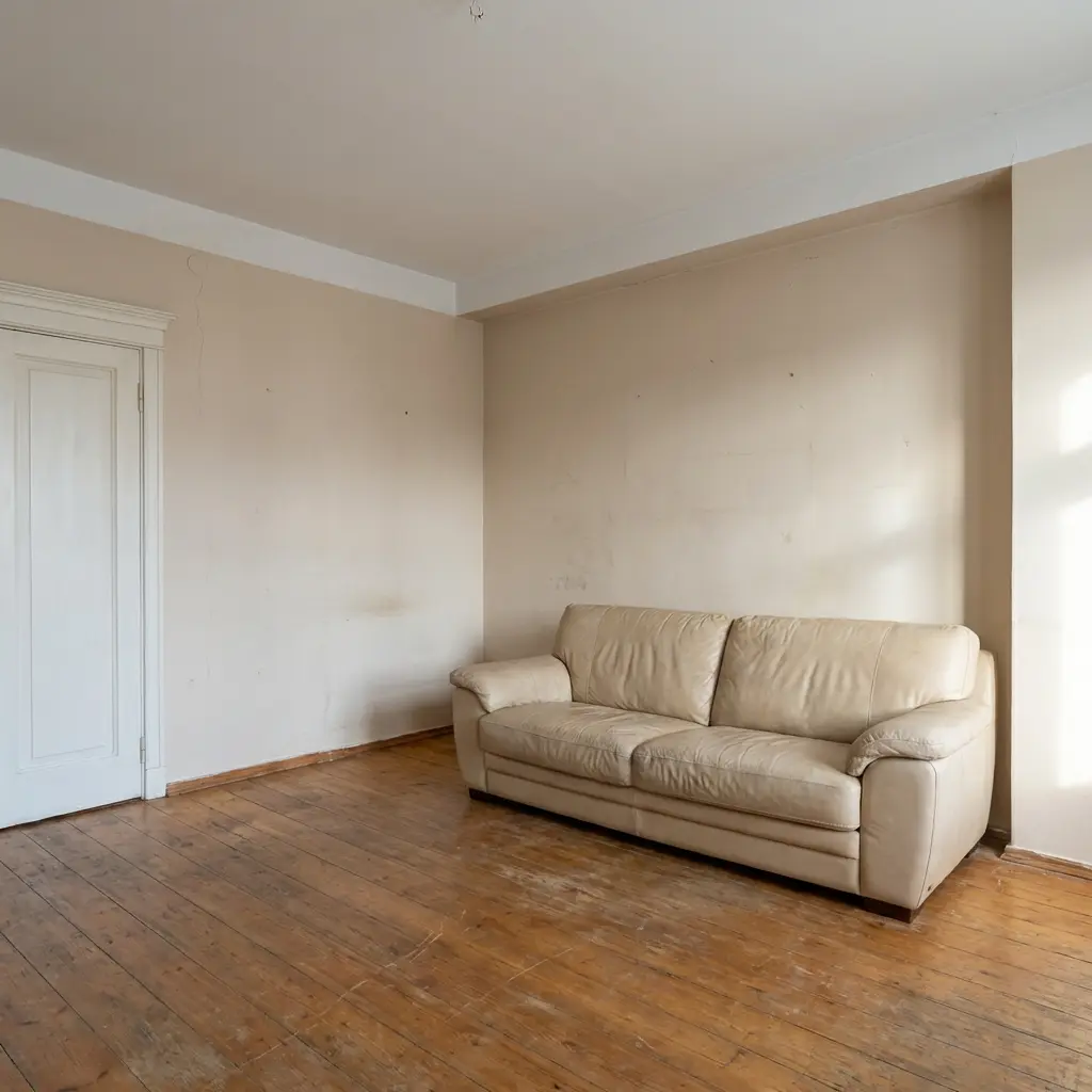 Empty living room with beige walls, worn wooden flooring, and a leather sofa before renovation.