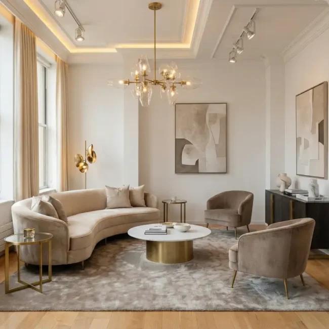 Modern minimalist living room interior featuring a cozy soft curved beige sofa, velvet armchairs, and elegant gold lighting accents.