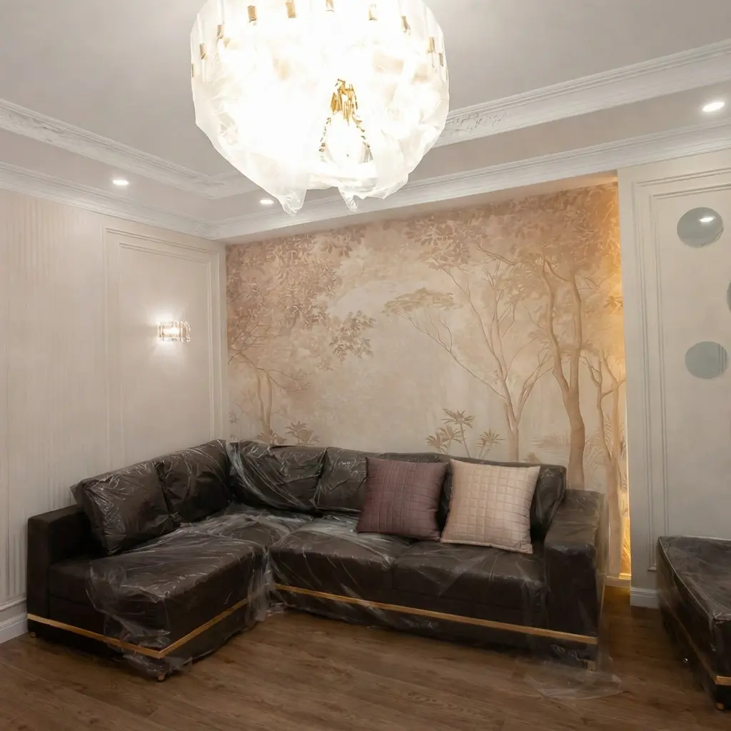 Neoclassical living room interior featuring sepia forest mural wallpaper and a dark L-shaped sectional sofa with gold accents.