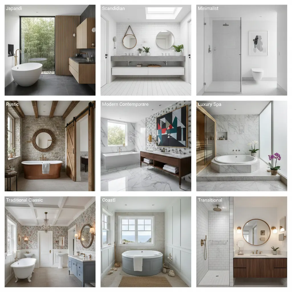A 3x3 interior design reference grid showcasing nine distinct bathroom styles: Japandi, Scandinavian, Minimalist, Rustic, Modern Contemporary, Luxury Spa, Traditional Classic, Coastal, and Transitional.