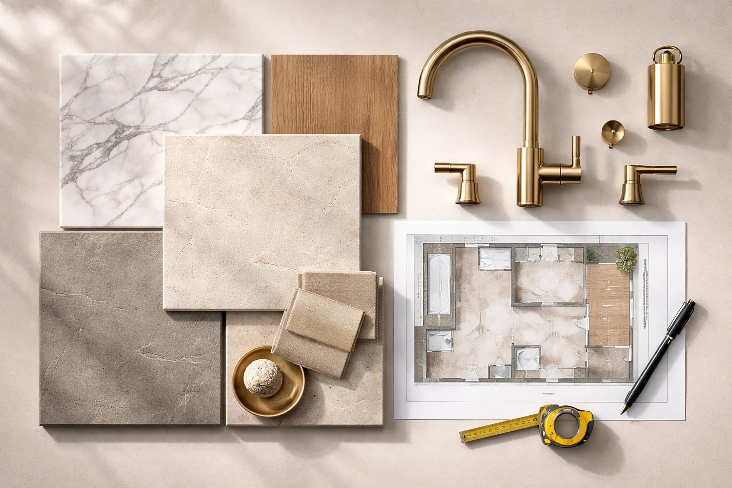 Flat lay interior design mood board featuring white marble, wood and stone material samples, brushed gold plumbing fixtures, beige fabric swatches, and a printed floor plan with a tape measure.