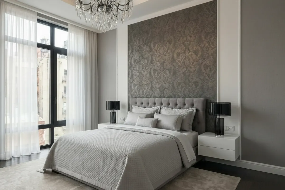 Modern luxury primary bedroom in grey tones featuring damask wallpaper, a tufted velvet bed, and a crystal chandelier.