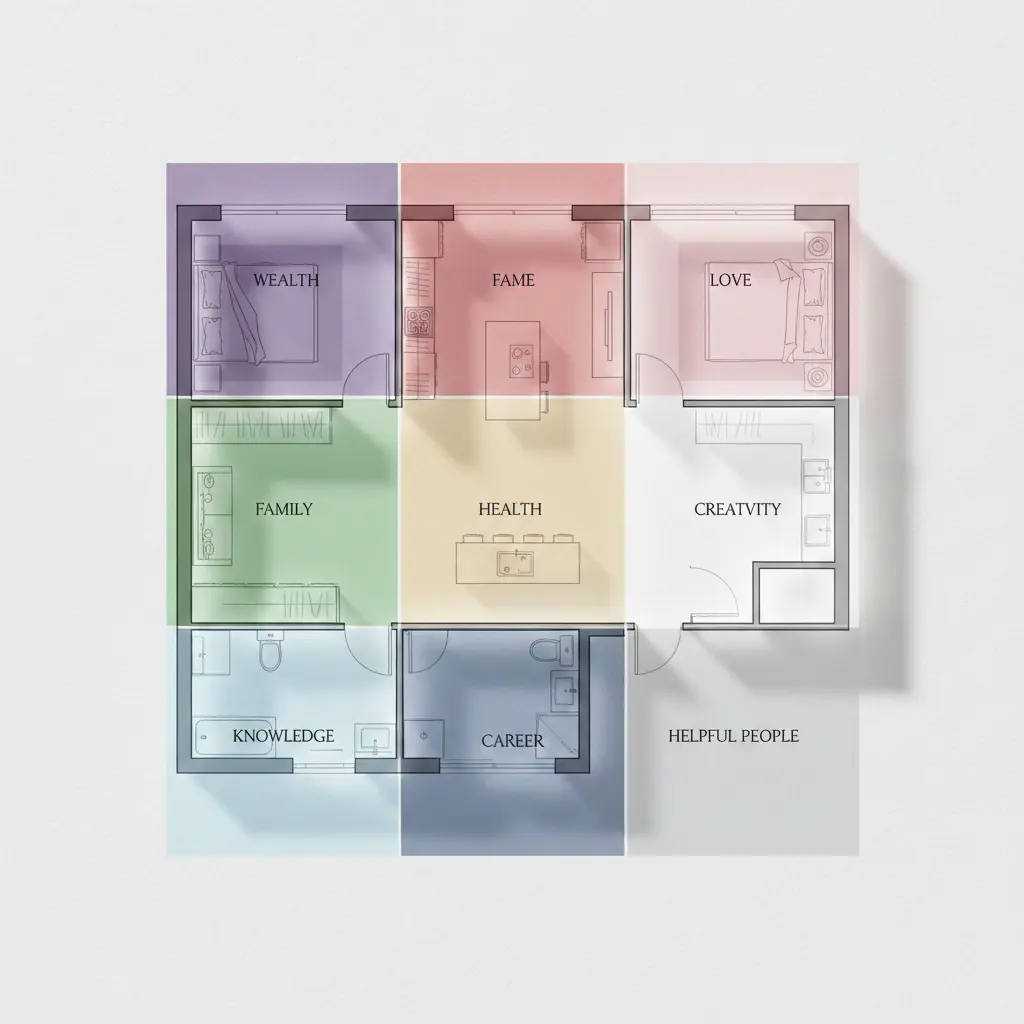 Feng Shui Bagua map energy grid overlaid on a house floor plan showing life zones and elements