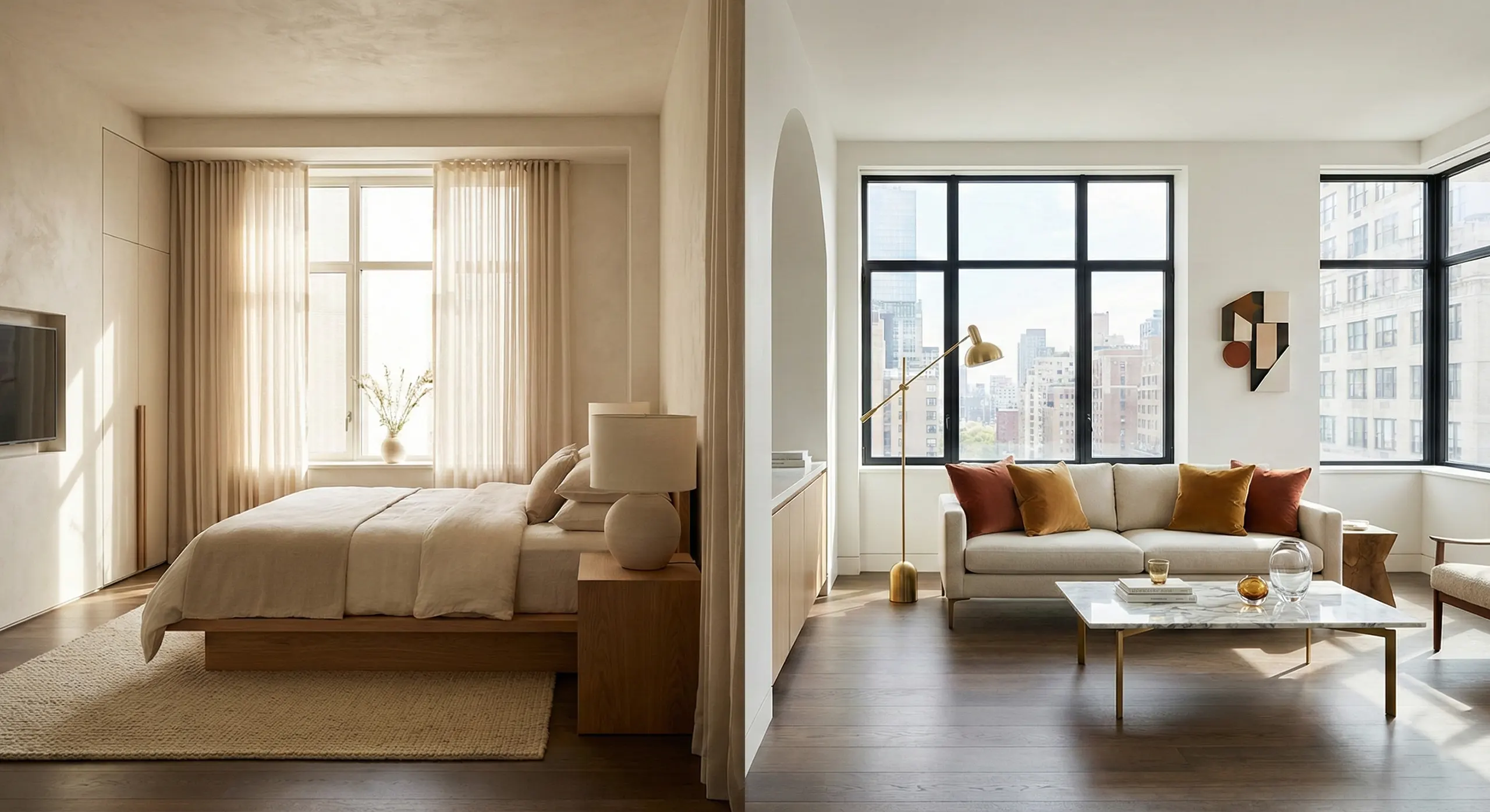 A serene and balanced interior design showcasing a harmonious transition between a cozy, earth-toned bedroom and a bright, modern living room, embodying the principles of Feng Shui through natural light and minimalist elegance.