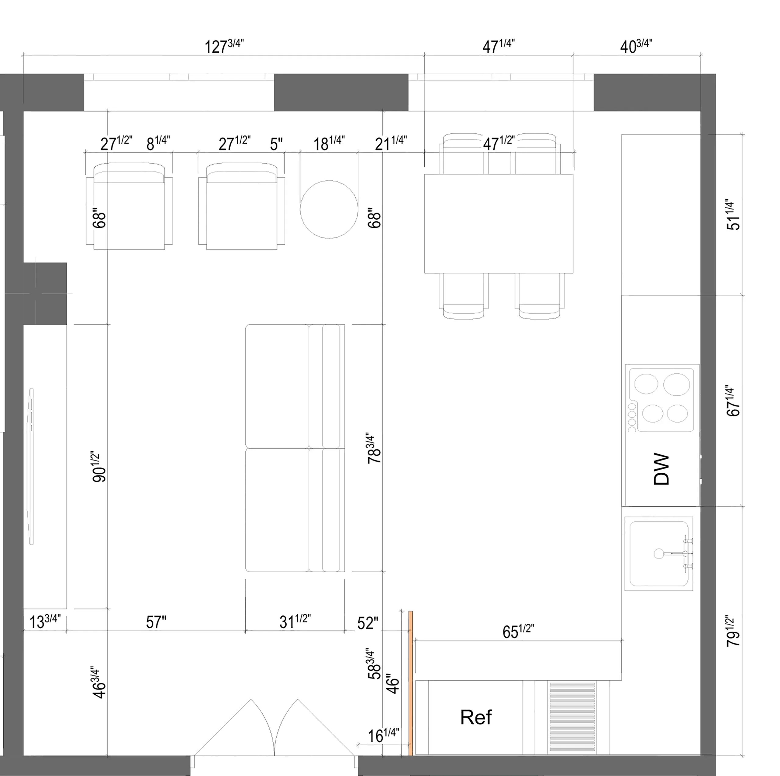 Open Concept Floor Plan: A detailed architectural layout showing the seamless transition between the kitchen, dining, and living areas.