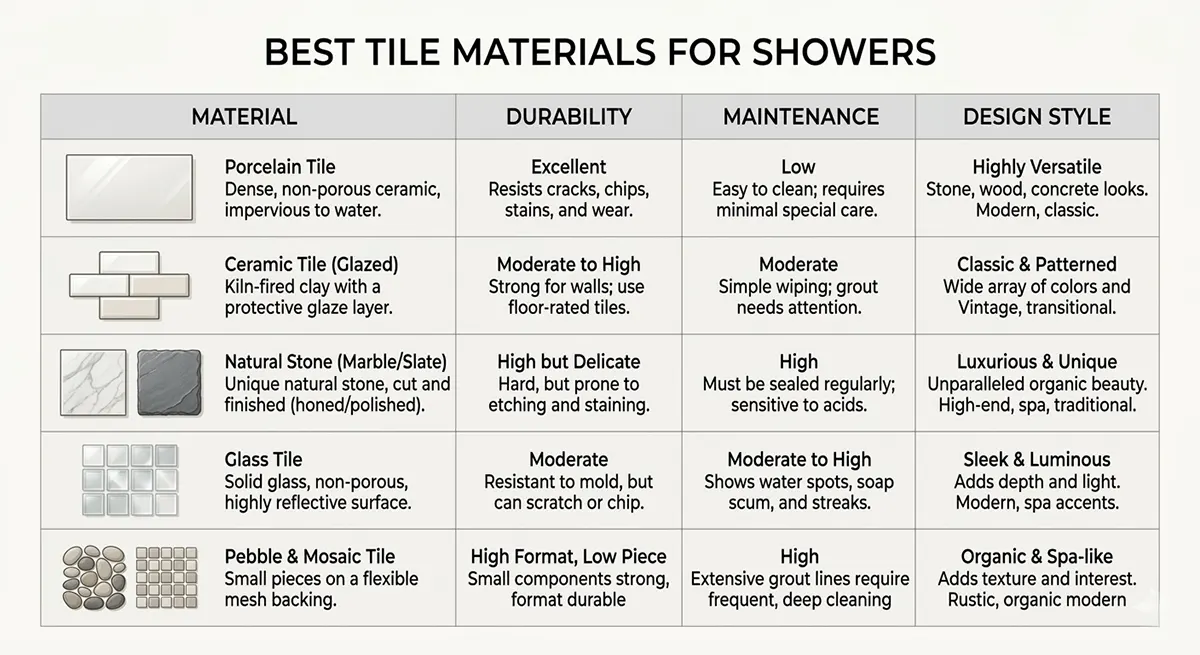 Infographic chart detailing the best tile materials for showers, comparing porcelain, ceramic, natural stone, glass, and mosaic tiles across durability, maintenance needs, and design styles