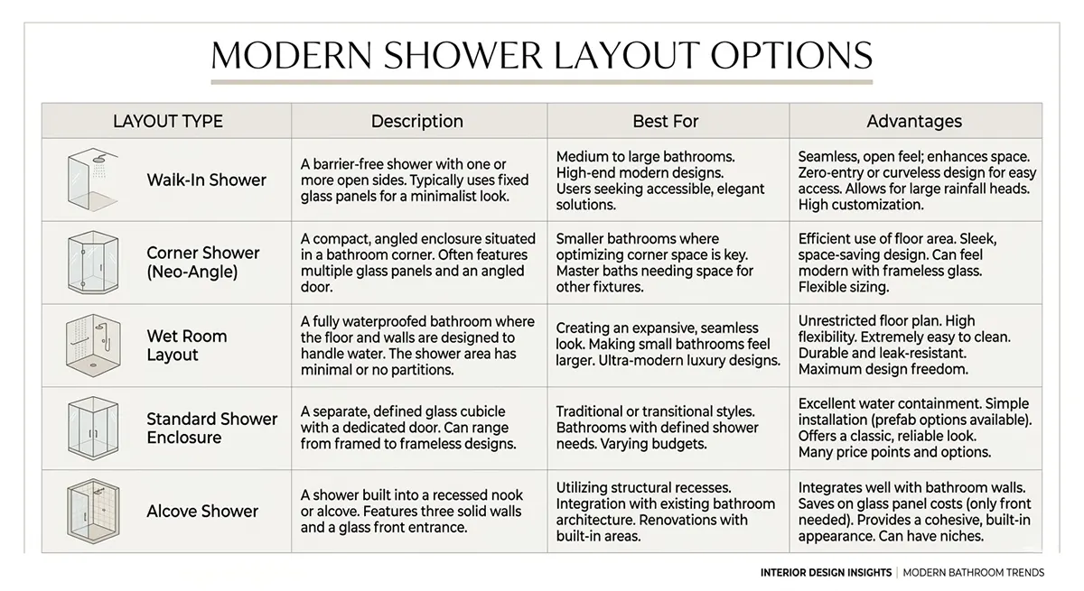 Infographic comparing modern shower layout options including walk-in, corner, wet room, standard enclosure, and alcove, detailing their descriptions, best uses, and advantages