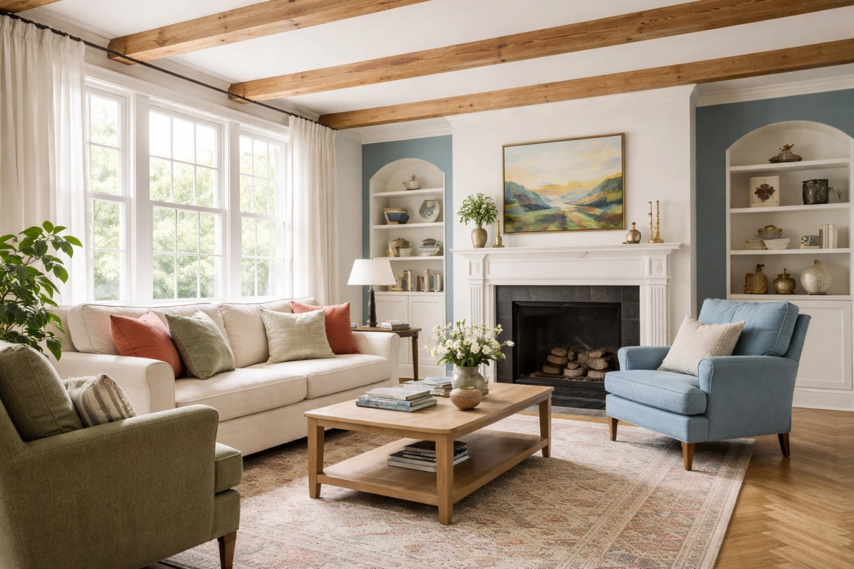 A bright, classic living room featuring exposed wooden structural ceiling beams that span the room, showing an architectural design choice after wall modifications