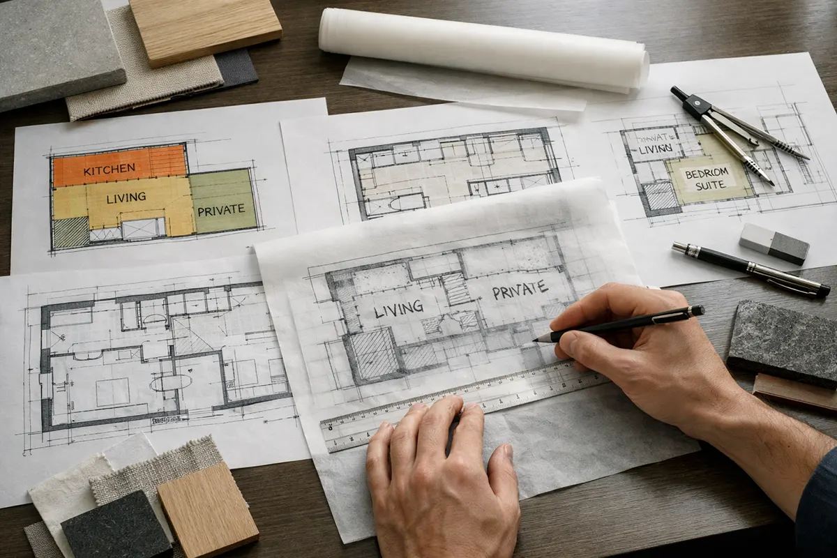 Overhead view of an architect's desk showing hands drafting floor plans with a ruler, alongside color-coded zoning diagrams for living and private spaces, and various material samples