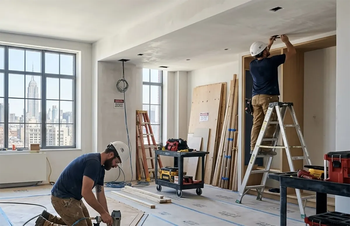 Construction workers on ladders performing ceiling and carpentry work in a Manhattan apartment, highlighting the physical risks covered by commercial general liability insurance