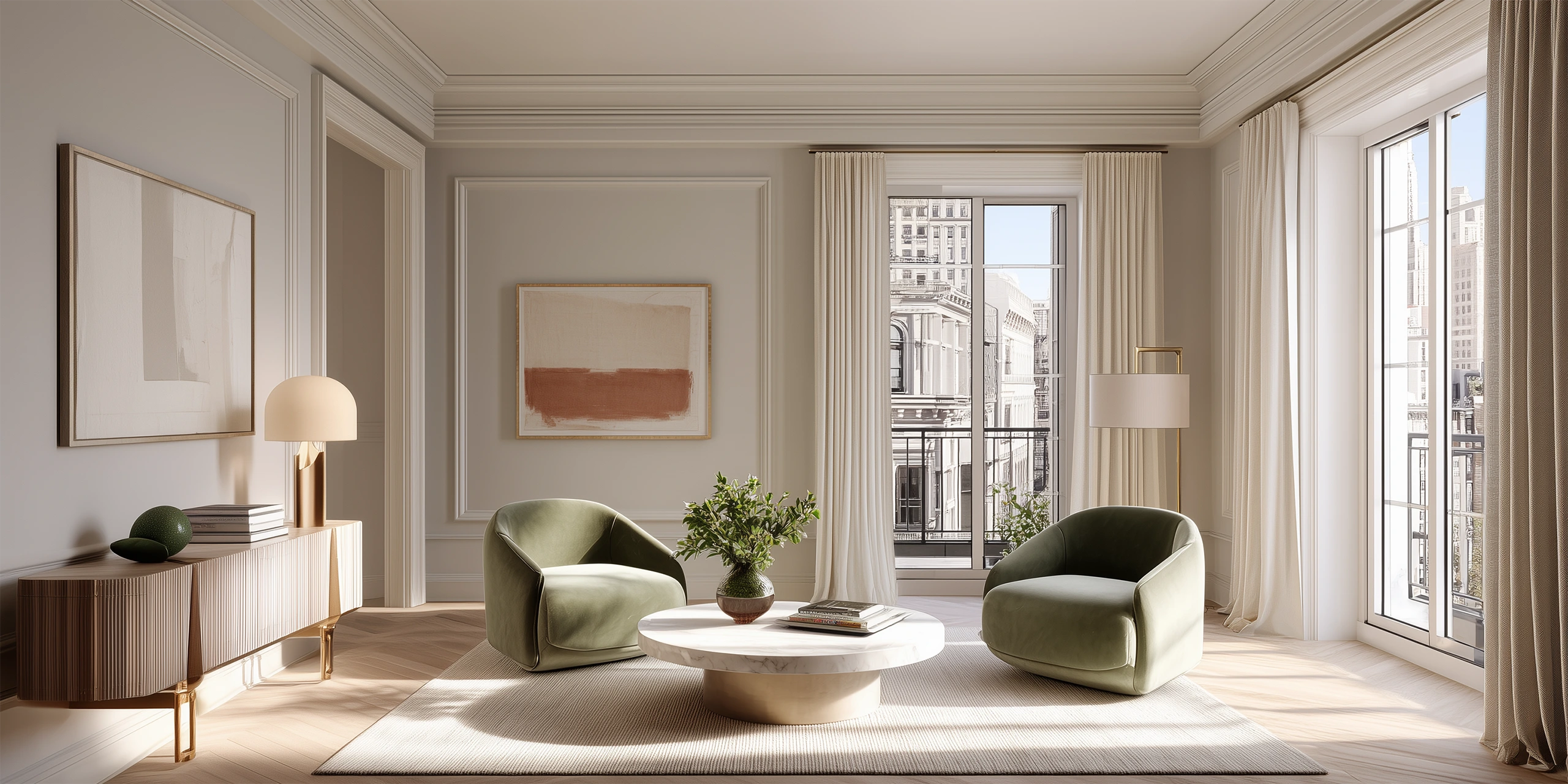 A professionally staged vignette in a bright living room featuring two curved green velvet chairs and a minimalist console, showing how staging clarifies proportion and use for real estate photography