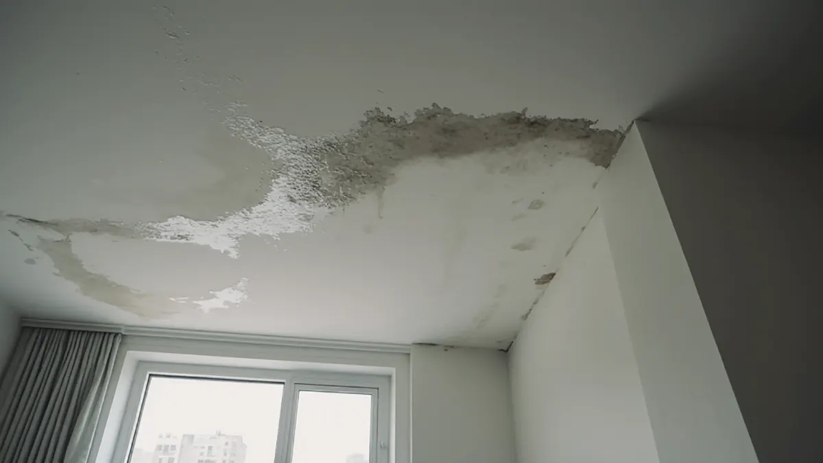 Severe water damage, discoloration, and peeling paint on an apartment ceiling, illustrating the real-world risks of plumbing errors during multi-unit building renovations