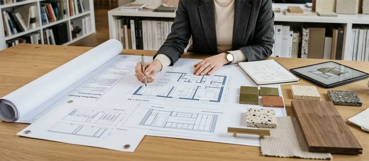 A professional architect or designer reviewing apartment floor plans and blueprints on a wooden desk alongside material samples, including tiles, wood finishes, and a digital tablet