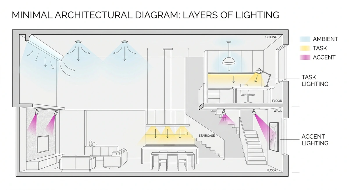 A minimal architectural section diagram illustrating the three fundamental layers of interior lighting: ambient illumination, focused task lighting, and targeted accent lighting