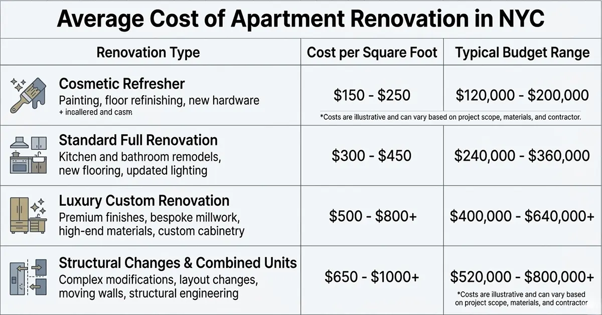 Table detailing the average cost of apartment renovation in NYC, comparing renovation types such as Cosmetic Refresher, Standard Full Renovation, Luxury Custom Renovation, and Structural Changes, with cost per square foot and typical budget ranges