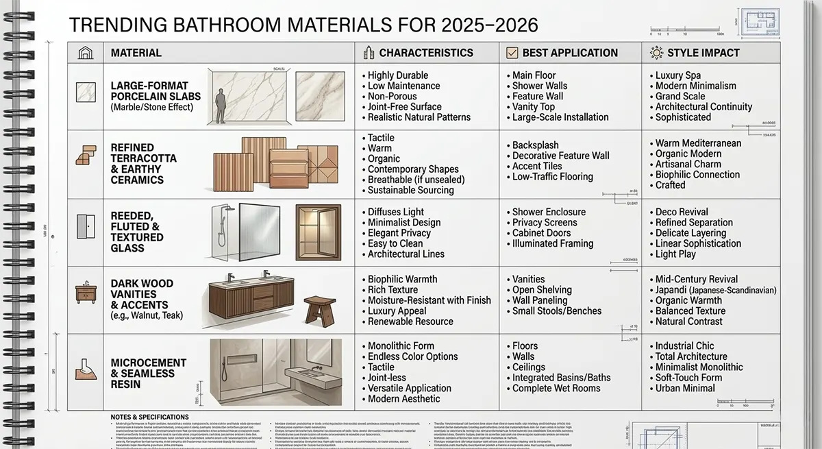 Architectural chart outlining trending bathroom materials for 2025-2026, including large-format porcelain slabs, terracotta, reeded glass, dark wood vanities, and microcement, detailing their characteristics and best applications