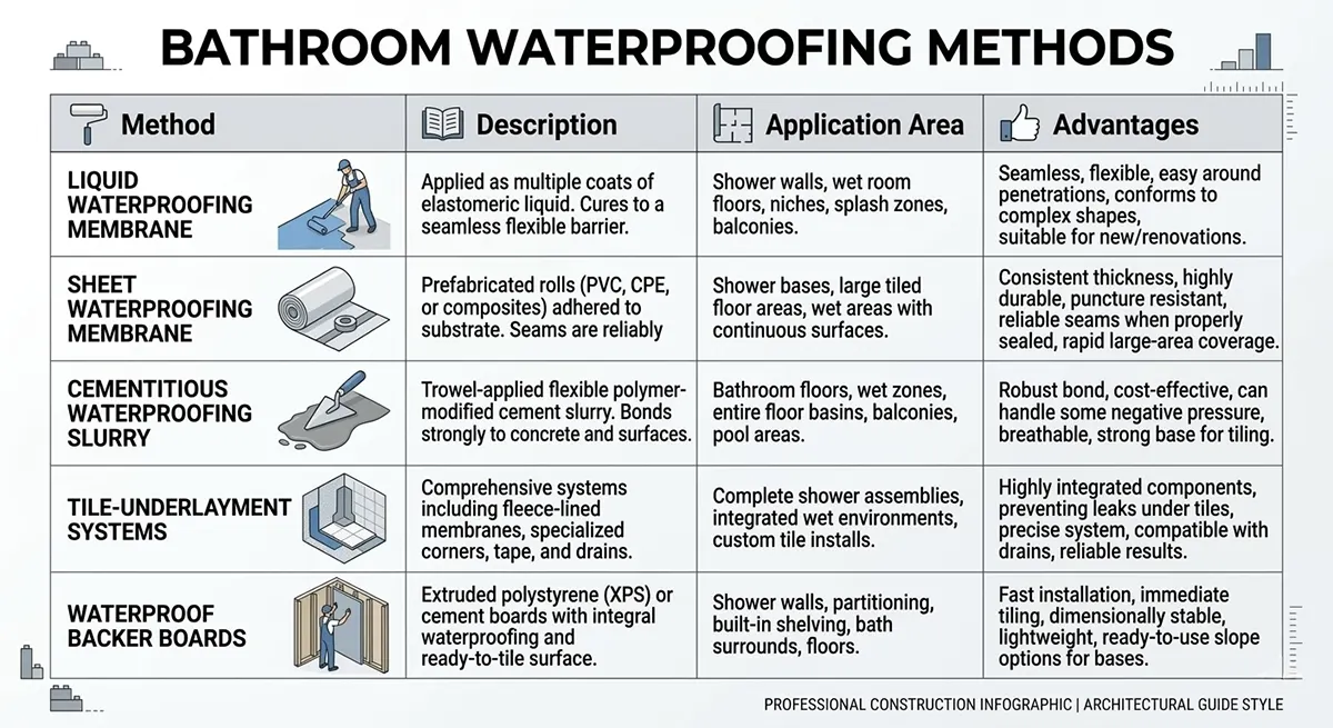 Infographic chart comparing different bathroom waterproofing methods including liquid membrane, sheet membrane, cementitious slurry, tile-underlayment systems, and waterproof backer boards
