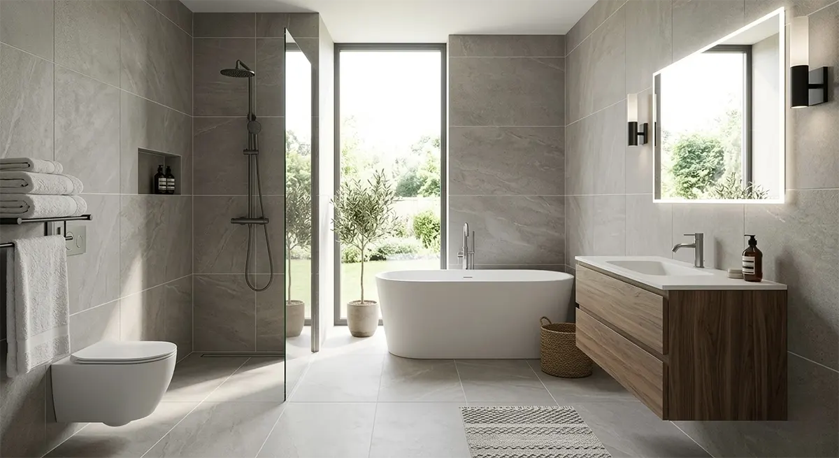 A spacious, fully finished modern bathroom functioning as a wet room, featuring large-format grey stone tiles, a curbless glass shower, a freestanding bathtub, and a floating wood vanity
