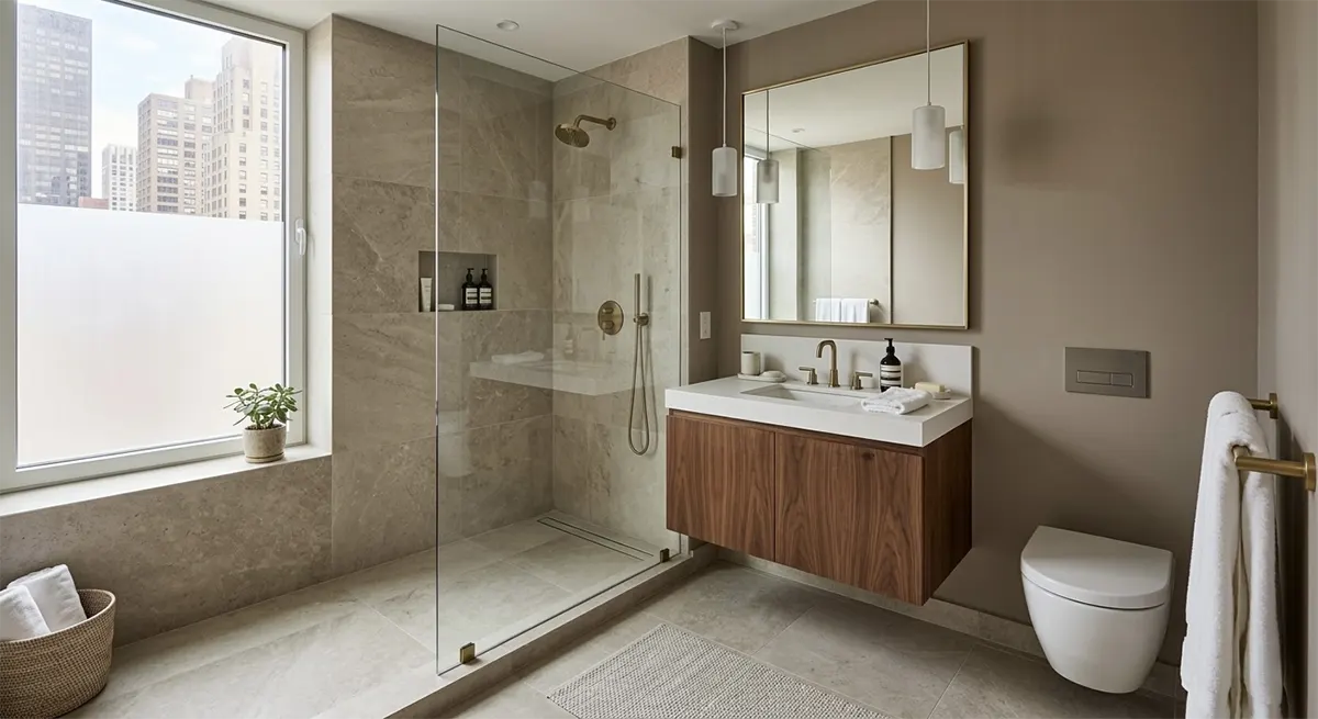 A sleek, recently renovated Manhattan bathroom featuring a curbless walk-in shower with a linear drain, warm beige stone tiles, brushed brass fixtures, and a floating walnut vanity