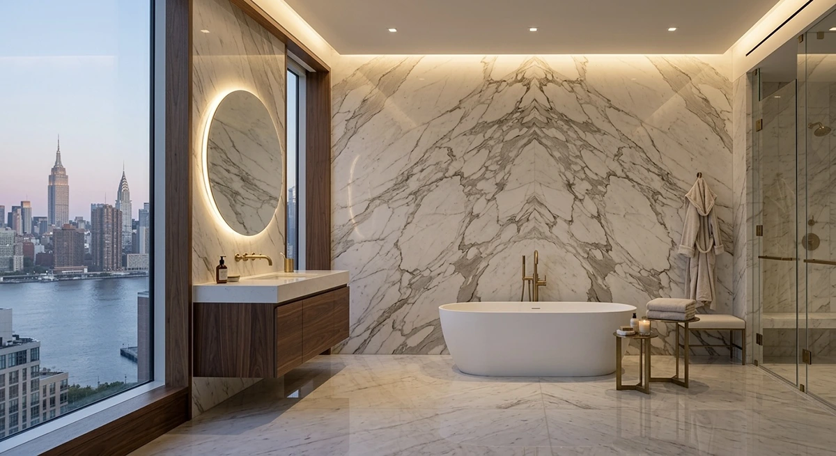 Luxury bathroom showcasing a dramatic book-matched marble feature wall and large-format marble floor tiles, demonstrating the timeless beauty and unique veining of natural stone