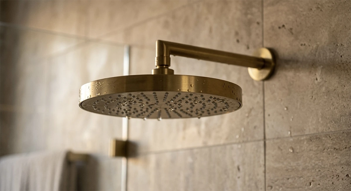 Close-up of a premium brushed brass rain showerhead with water droplets against a textured stone tile wall in a modern luxury shower